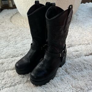 Black Leather Platform Cowboy Boots